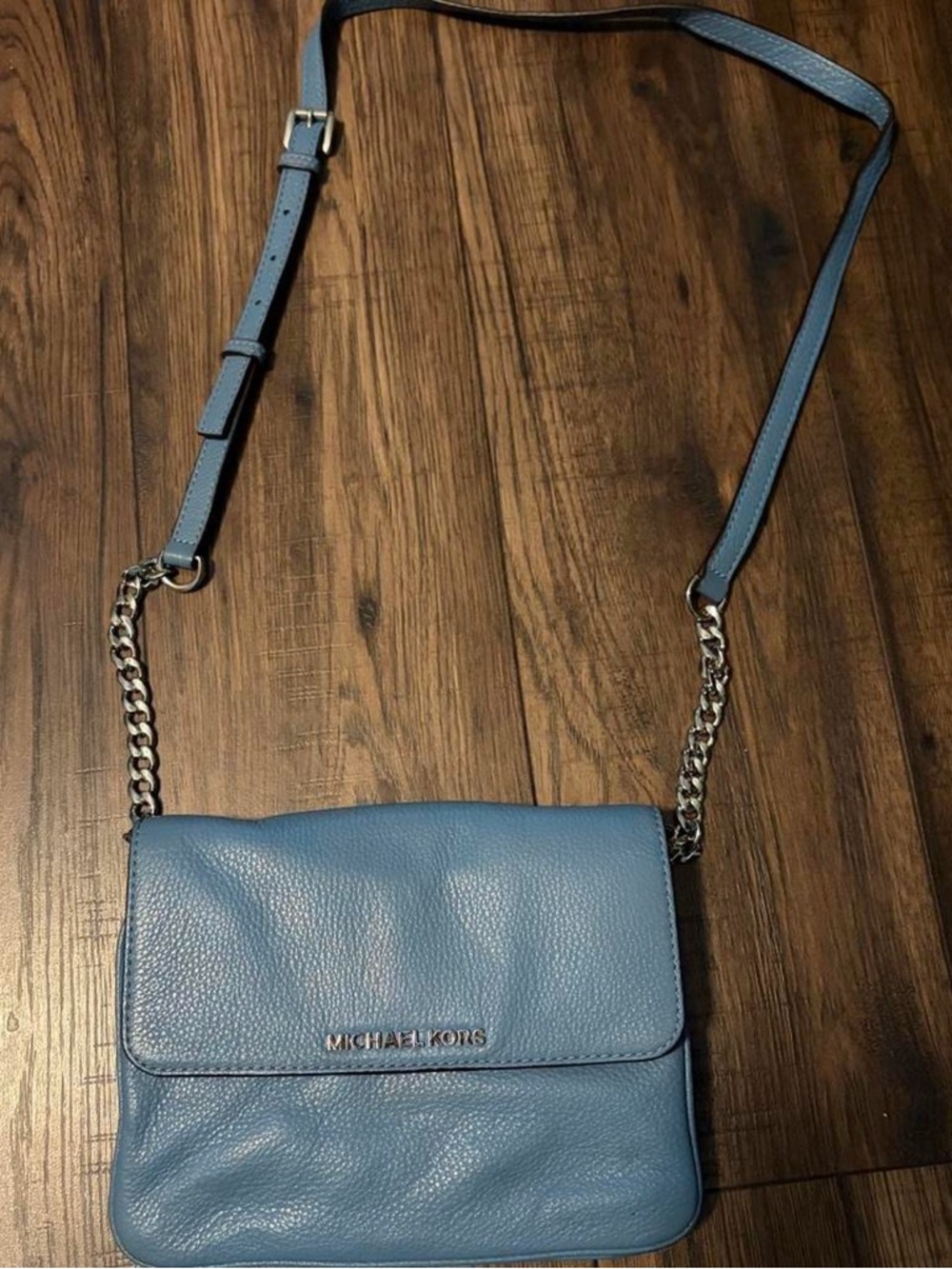 Michael Kors Blue Pebbled Leather Chain-Accent Crossbody